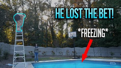 jumping  freezing cold pool   foot ladder youtube