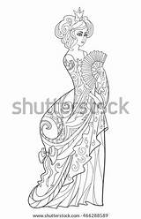 Outline Adult Linear Coloring Book Vector Lush Crown Ancient Princess Queen Fan Dress sketch template
