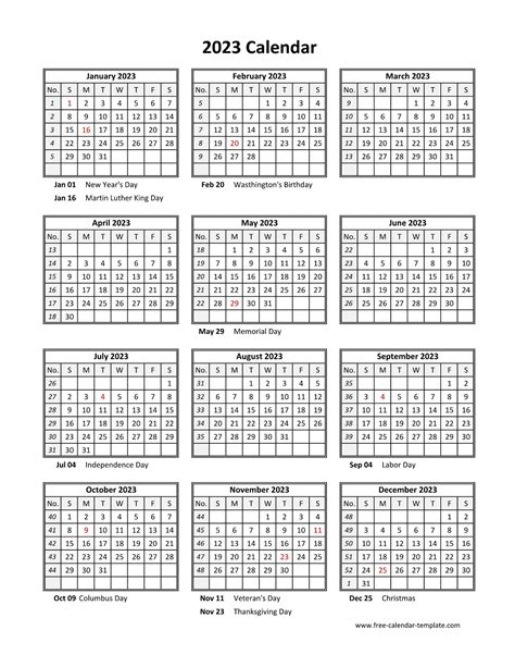 Yearly Printable Calendar 2023 With Holidays Free Calendar