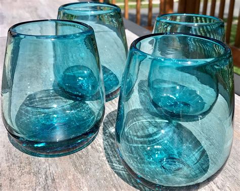 Turquoise Blue Stemless Wine Glasses Hand Blown Recycled Glass Etsy