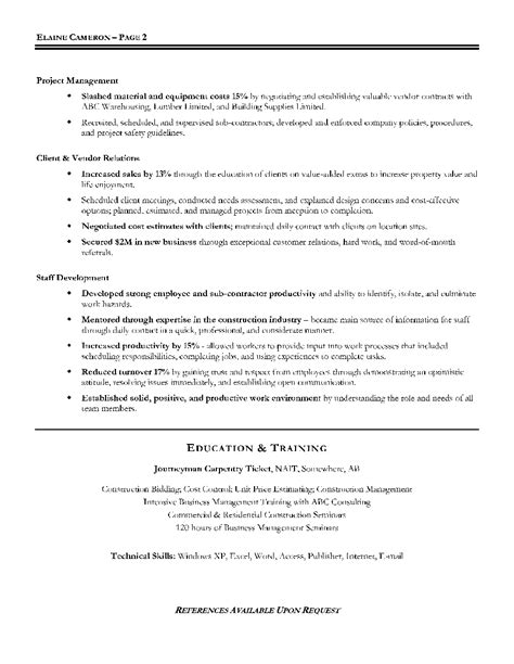 construction manager sample page  canadian resume writing service
