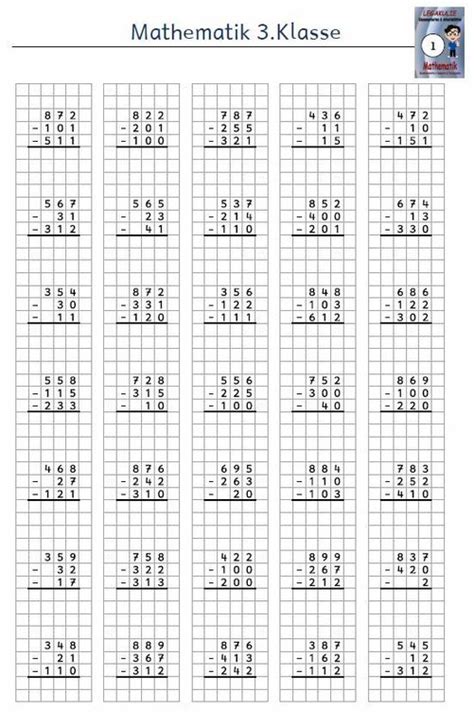 kostenloses arbeitsblatt klasse mathematik subtraktion