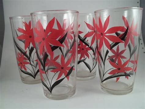 Set Of Four Vintage Red Flower Drinking Glasses