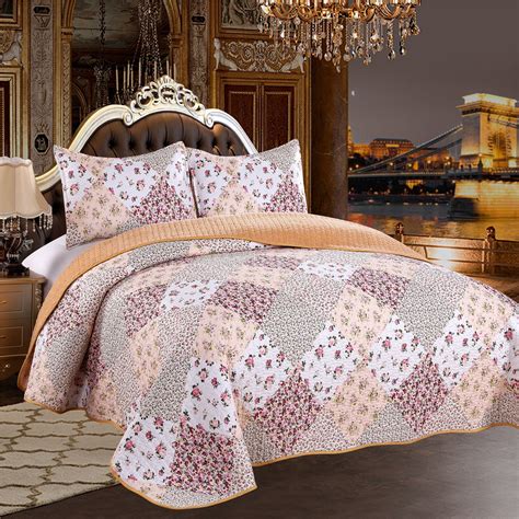 cozy  home fashions pink plaid floral patchwork quilt bedding set coverlet lightweight