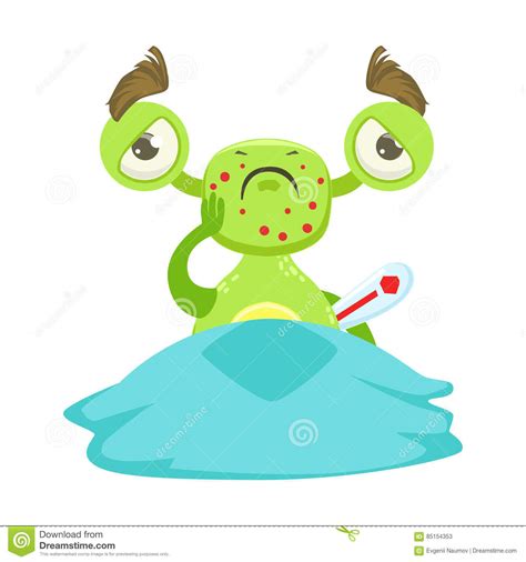 sick funny monster with fever in bed green alien emoji cartoon character sticker stock vector