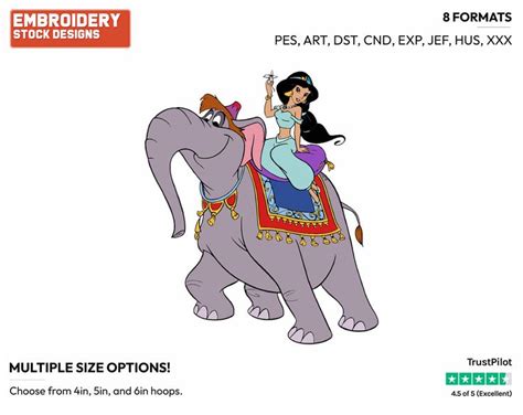 jasmine riding elephant abu disney s aladdin embroidery design in 4