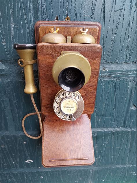 antique wall phone wood  brass dial telephone wall mounted etsy