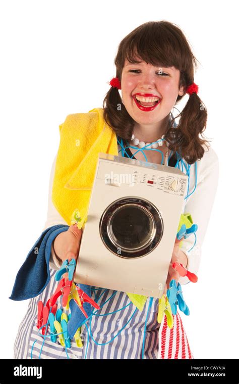 Happy Housewife With Laundry Washing Machine And Clothes Pins Stock