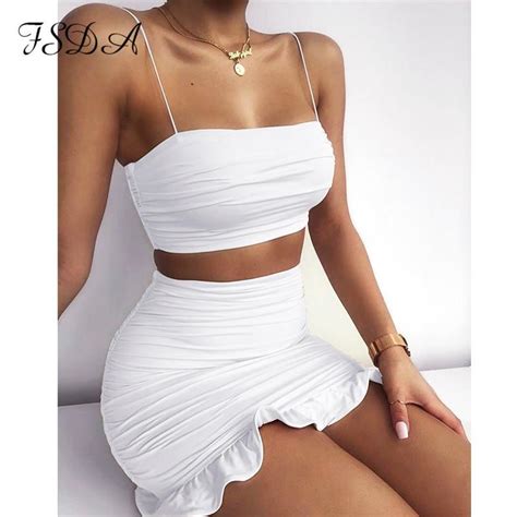 2020 summer women set spaghetti strap crop top white sexy and mini