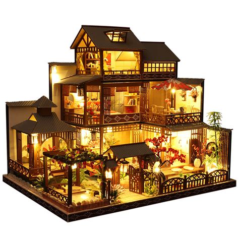 wooden diy japanese villa doll house miniature kits handmade assemble toy  furniture led