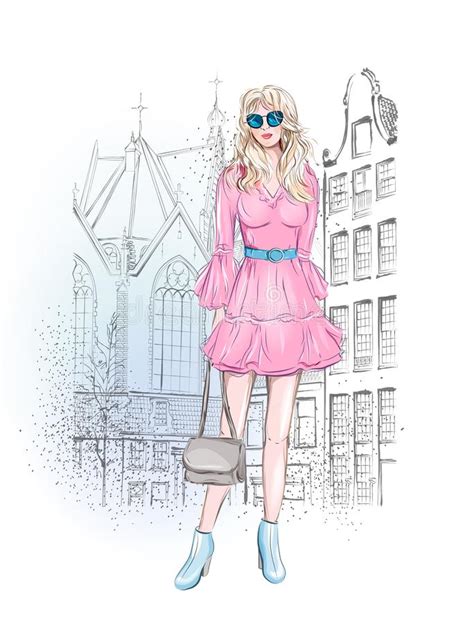 vector sketch of a fashion stylish girl in the old city