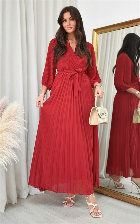 Rebeca Pleated Wrap Front Maxi Dress In Wine Ikrush