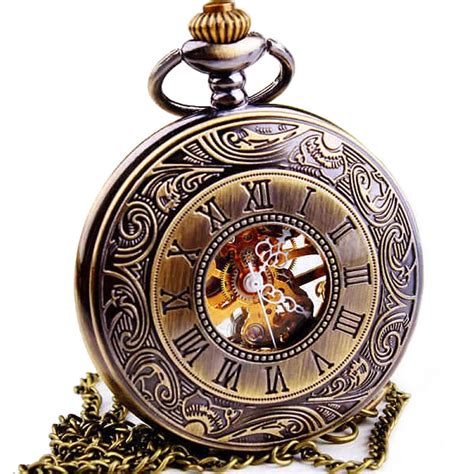 woonun top brand luxury steampunk skeleton mechanical pocket watches  men vintage bronze