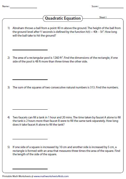 word problems involving quadratic equations word problem worksheets