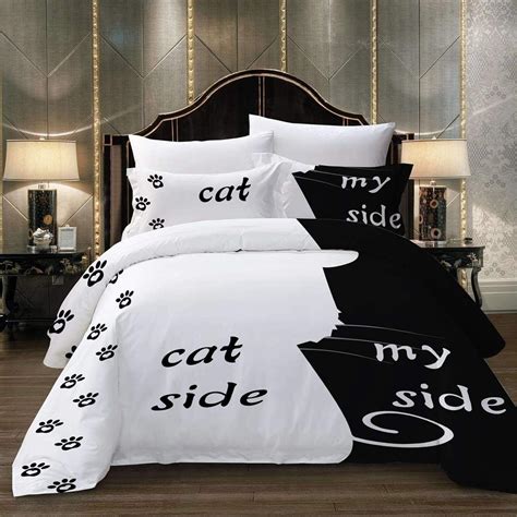 amazoncom cat side   side bedding set queen size black white cat