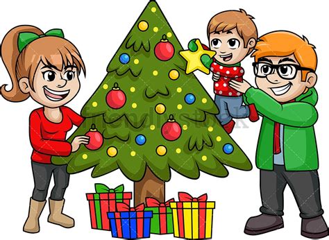 family decorating christmas tree cartoon vector clipart friendlystock