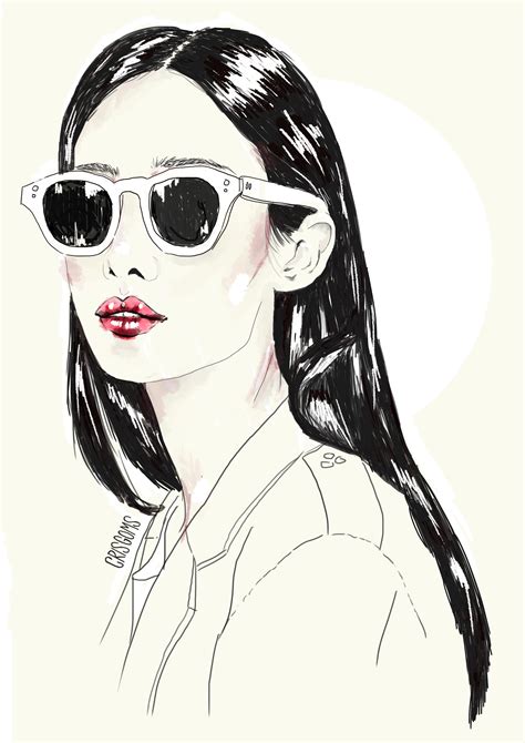 Japanese Girl Sunglasses Draw Graphic Digital Art Red Monochrome