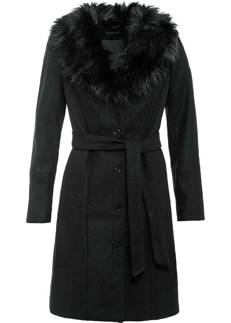 manteau elegant avec  en synthetique imitation fourrure  patte de boutonnage noir tn