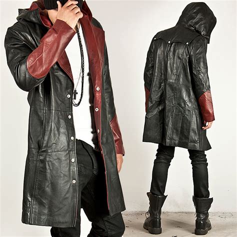 Outerwear Black Red Contrast Leather Hood Long Coat 52