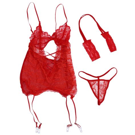 2017 New Red Sexy Lingerie Women Lace Dress G String Handcuff Garter