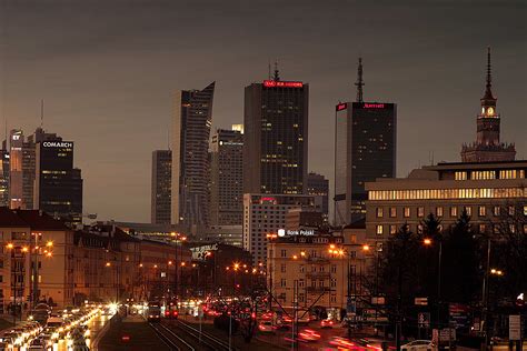 Night Skyline And Cityscape Of Warsaw Image Free Stock