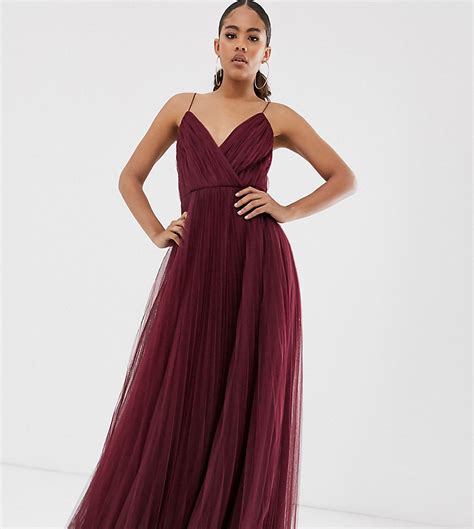 asos design tall lange geplooide cami jurk met tule rood tall fashion
