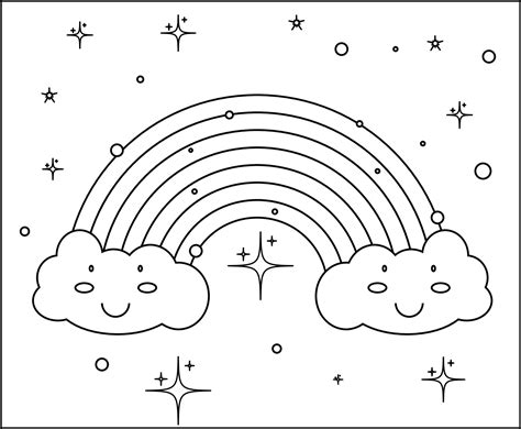 color rainbow  art drawing page  cute clouds  cute white stars vector illustration