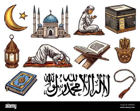 islam religion skizze ikonen der heiligen symbole halbmond stern und
