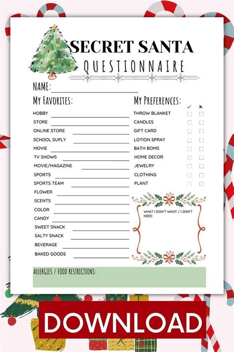 printable secret santa questionnaire  christmas gift etsy canada