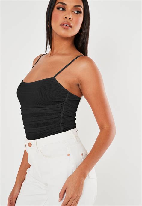 Black Mesh Ruched Side Cami Top Missguided