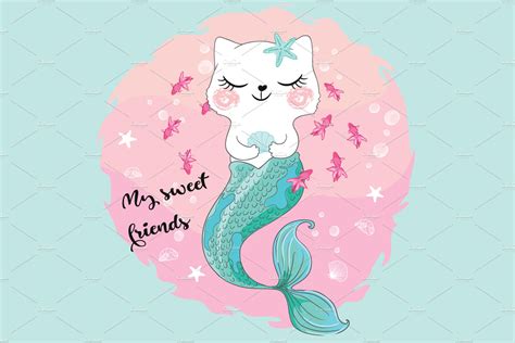 cute cat mermaid vectorcat girl animal illustrations creative market