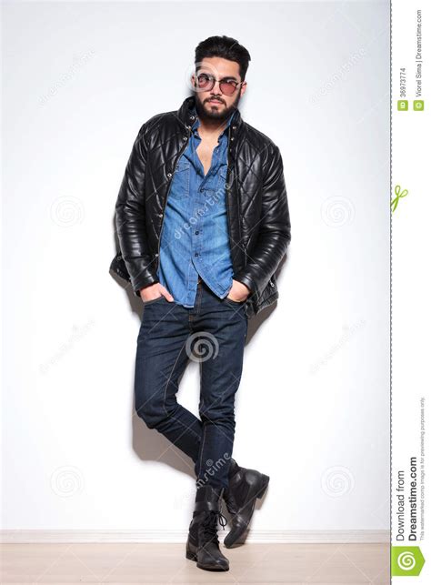Full Body Picture Of A Casual Man In Leather Jacket Stock