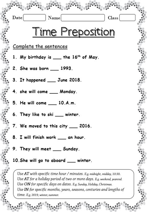 worksheet  time preposition  home teacher