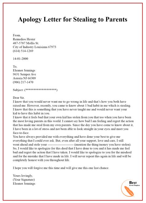 apology letter template  parents sample examples  letter
