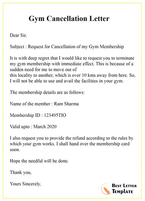 sample cancellation letter template  gym membership