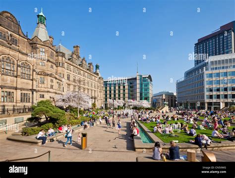 sheffield city center town hall  lots  people   peace gardens sheffield city centre