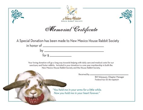 memorial certificate    mexico house rabbit society