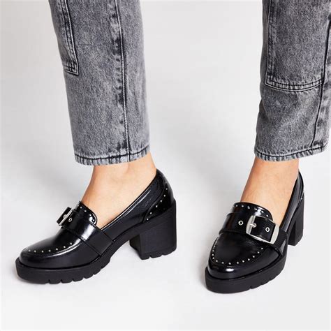river island studded chunky heel loafers  black lyst