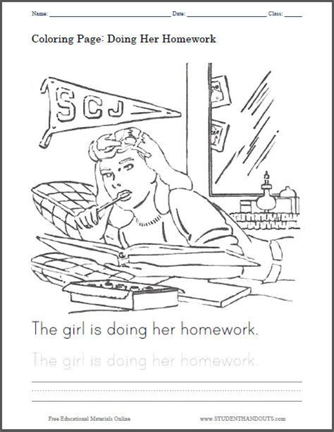 girl    homework coloring sheet student handouts
