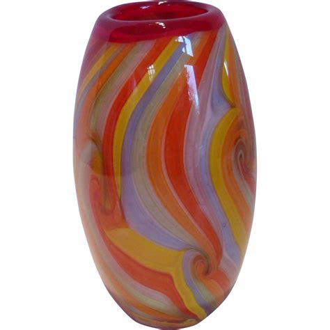 Hand Blown Venetian Art Glass Vase Cased Multi Color Swirls