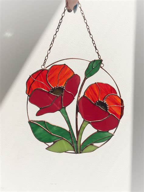 poppy seed flower red suncatcher stained glass home decor etsy