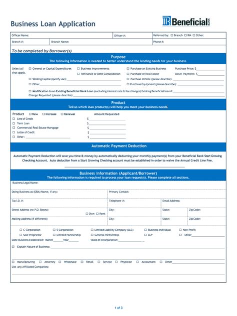 beneficial bank business loan application form fill  printable