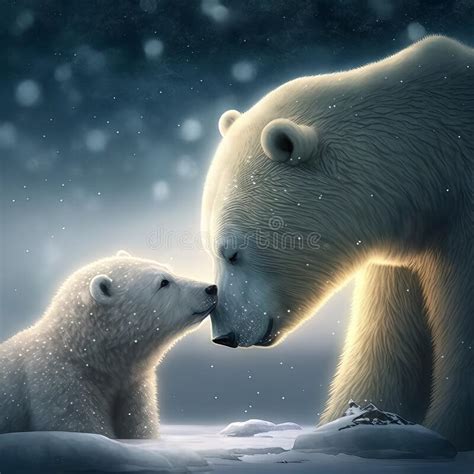mother polar bear cuddling  grooming  cub   snowy den stock