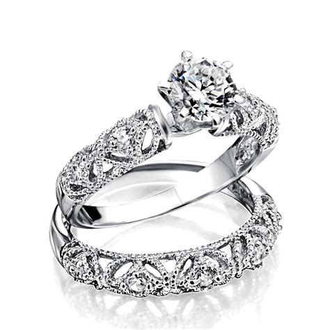 silver vintage style ct cz engagement wedding ring set  info