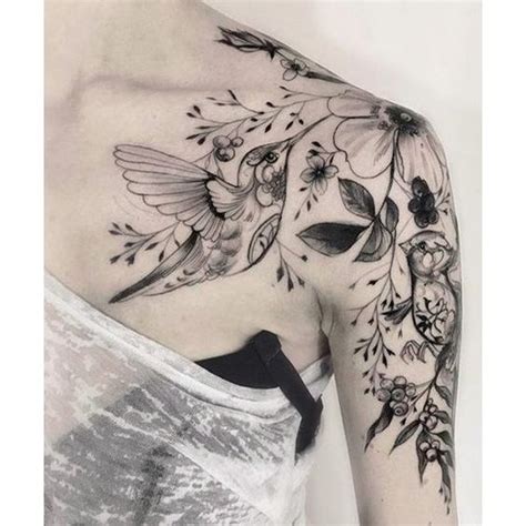 Amazing Hummingbird And Flower Tattoos On Shoulder For Women Liked On