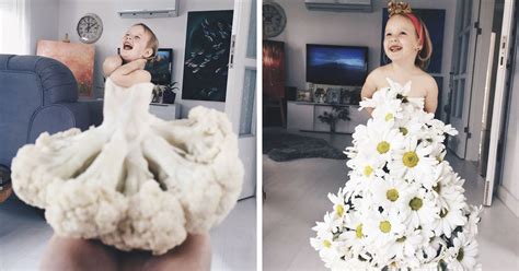 mom takes cute pictures of her daughter dressed in food and flowers using forced perspective