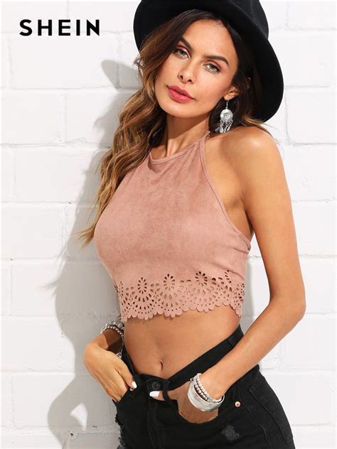 Buy Shein Scallop Laser Suede Halter Top Pink Cut Out
