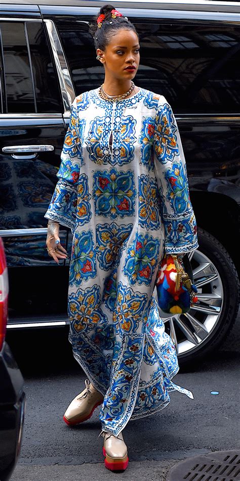rihanna wears a colorful kaftan dress in new york city