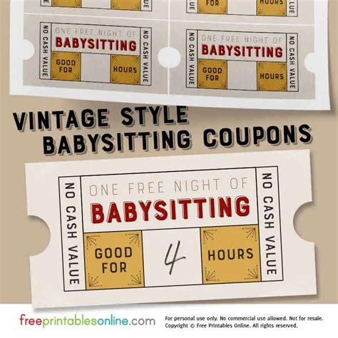 vintage style  babysitting coupon template  printables