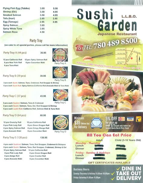 sushi garden menu menu  sushi garden mayfield industrial edmonton zomato canada